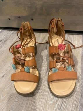 Nina Cognac Leather Lace-Up Pom Pom Sandals - Women